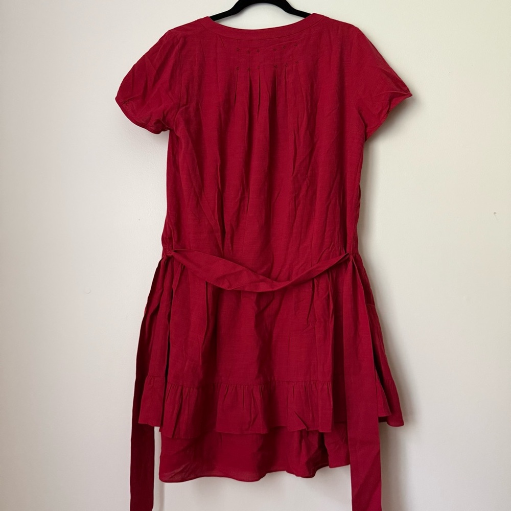 Comptoir Des Cotonniers Red Pleated Ruffle Embroidered Dress with Belt, size L - Picture 9 of 11
